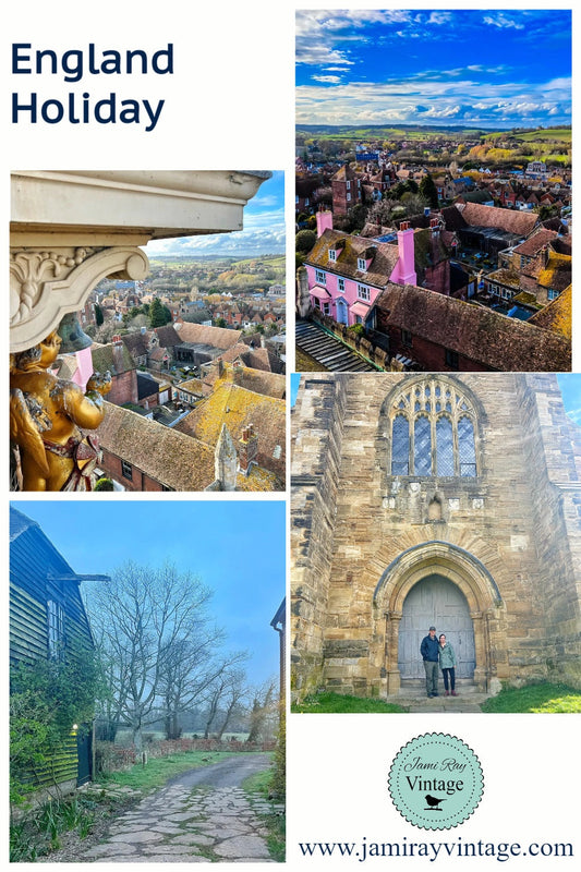 A picture collage of places Jami and Zeb visited in England with Jami Ray Vintage Doily logo and website URL on the bottom right