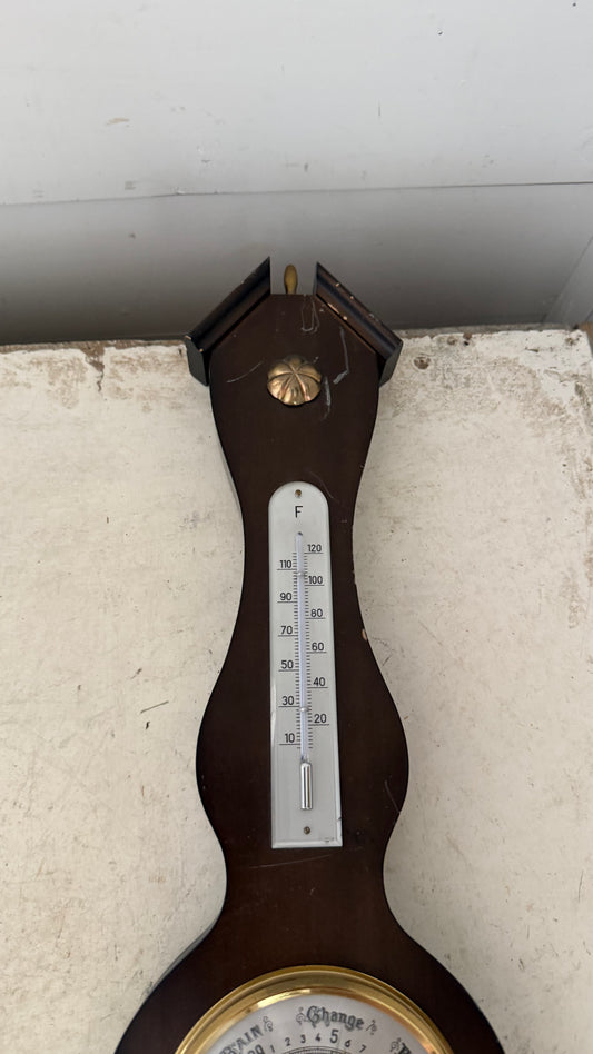 vintage German-made banjo-style weather station features a dark mahogany wood base, a barometer, a thermometer, and a hygrometer as is