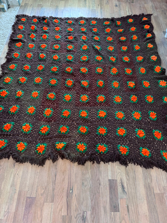 Vintage brown Afghan with raised Poppy Design - Queen