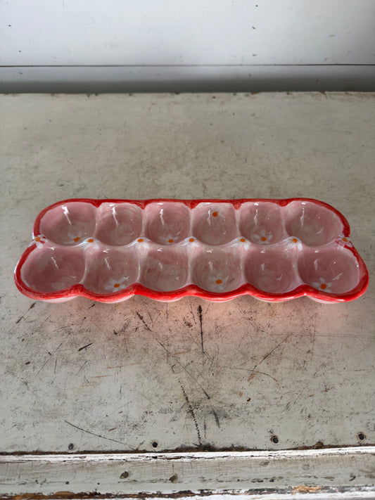 Ceramic Egg Tray with Pink and Floral Glaze