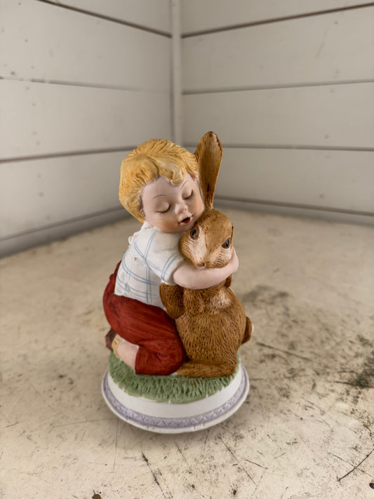 Vintage Music Box Boy & Bunny Plays ‘It’s A Small World’ Figurine