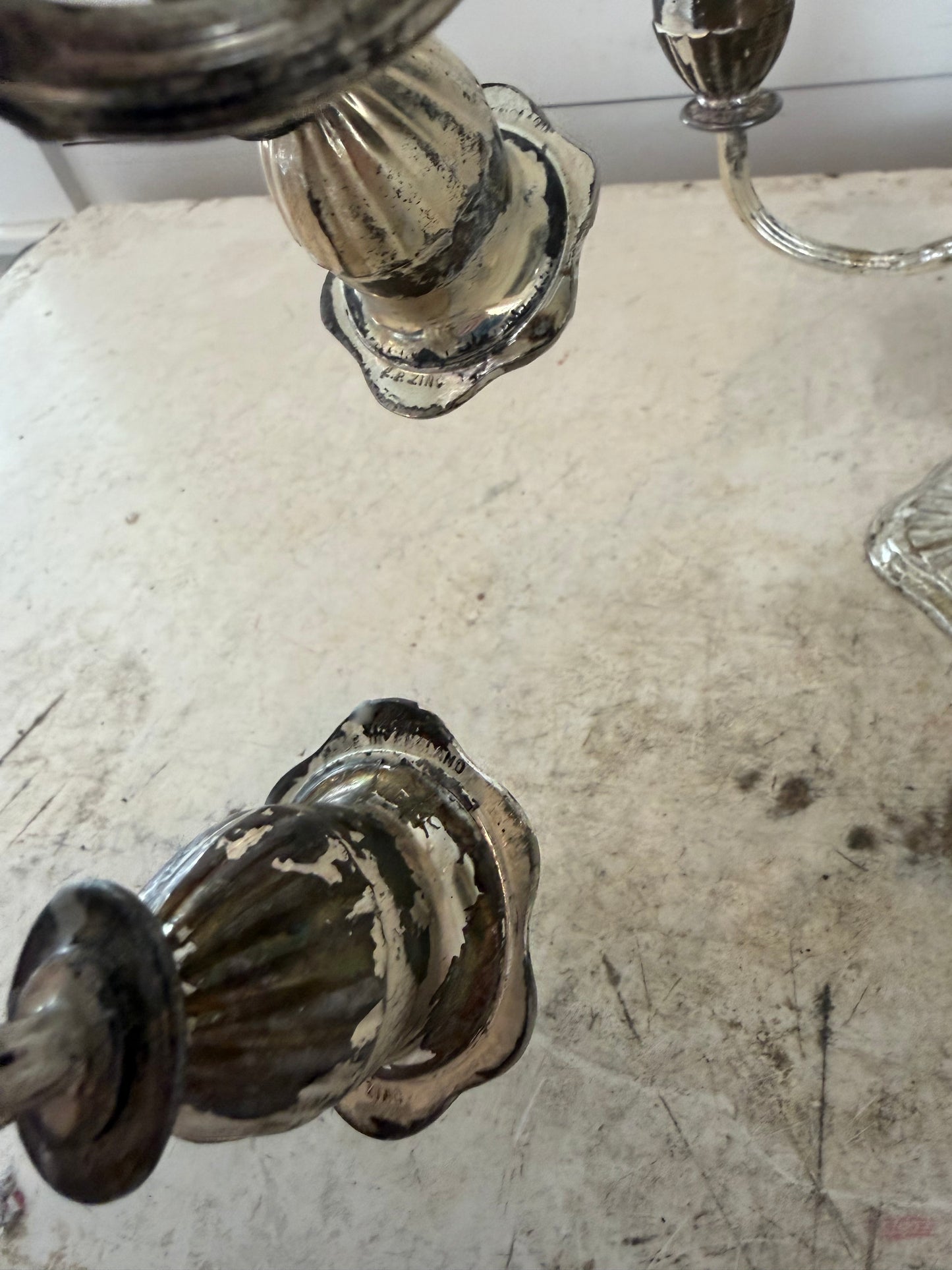 Vintage English Silver Plate on zinc Pair Of 3 Holder Candelabras - as is