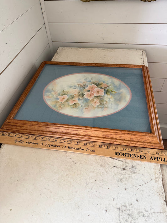 Vintage Framed, oval matted light pink floral print