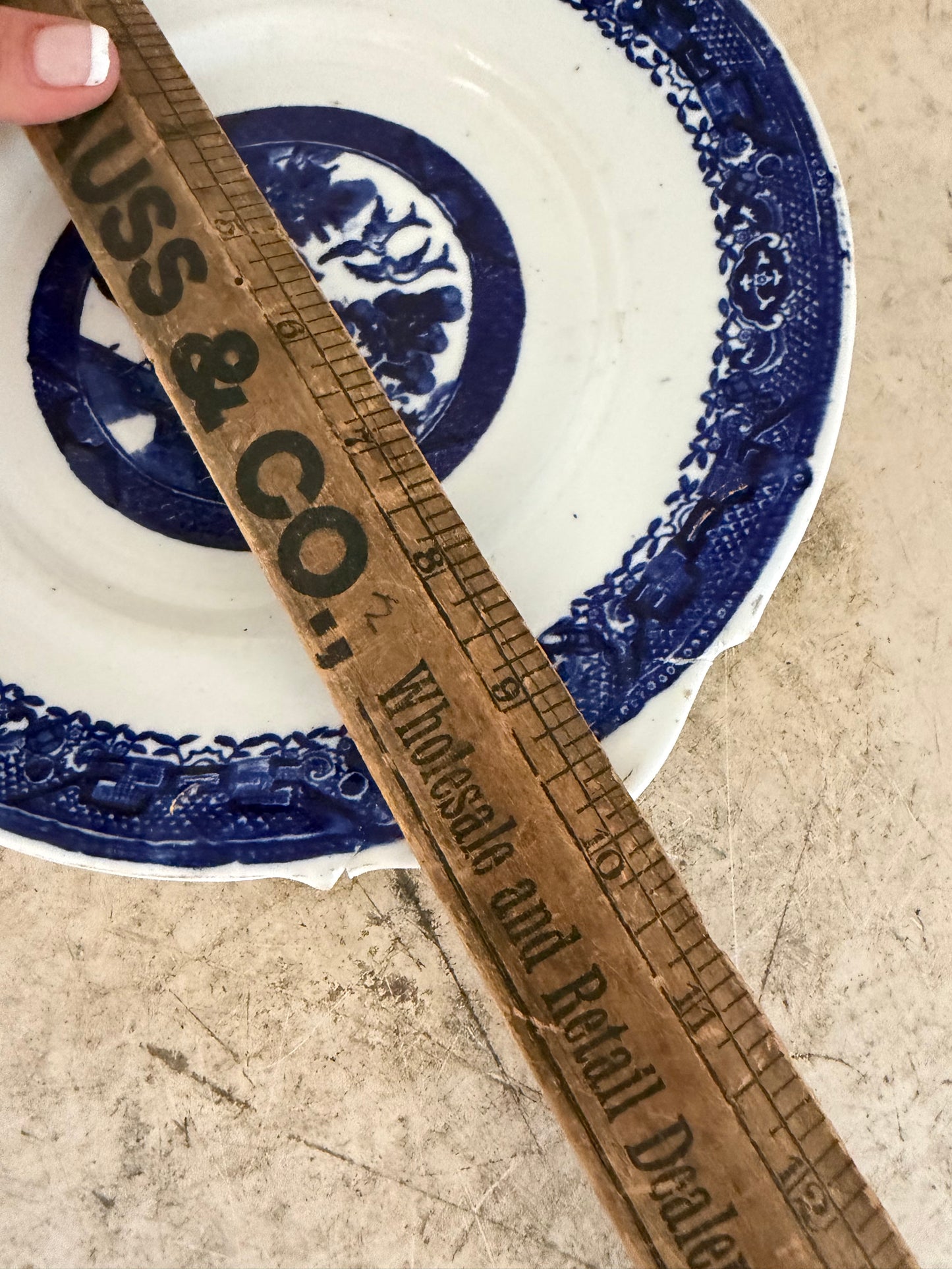 Antique Ironstone Flow Blue Blue White Willow Blue Pattern Plate has been repaired