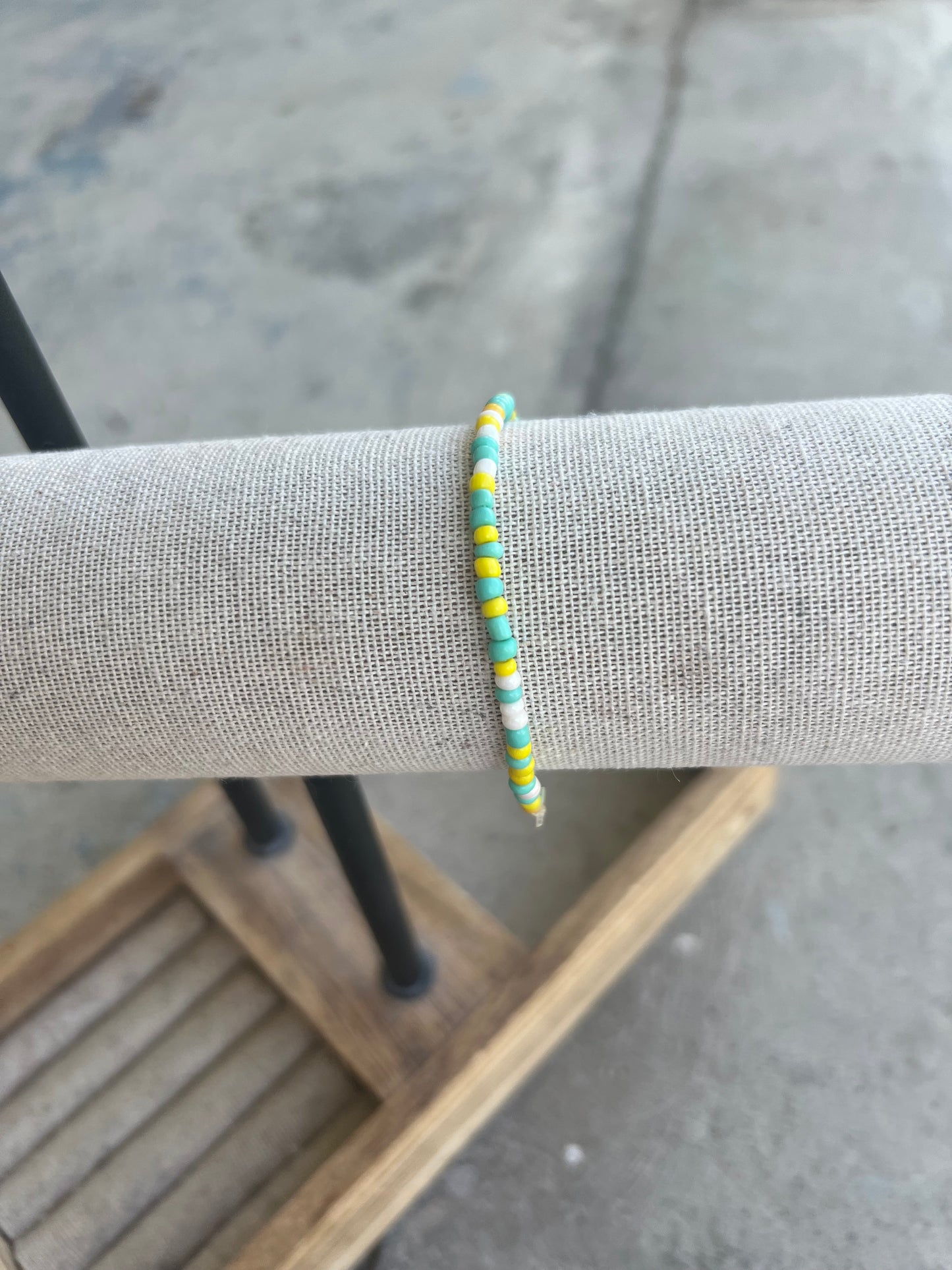 Teal, yellow, white homemade seed bead Bracelet