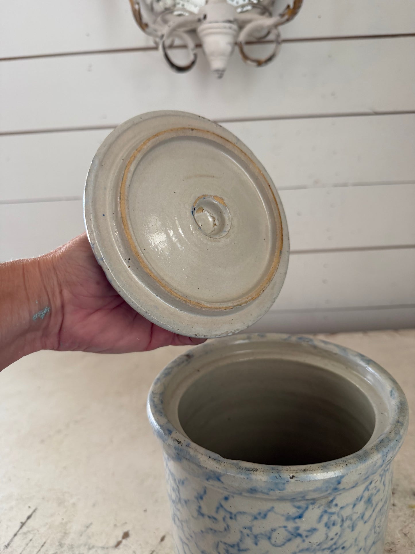 Antique Blue Spongeware Crock