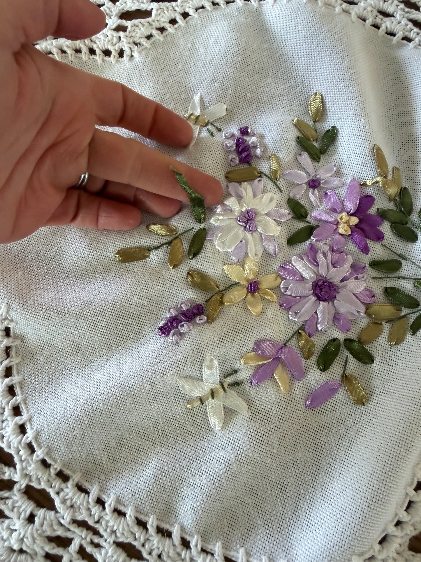 Handmade white cotton crochet lace table runner with purple floral ribbon embroidery