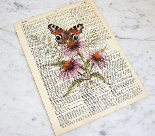 Butterfly Floral Printed on Old Dictionary Pages - dictionary pages and age will vary