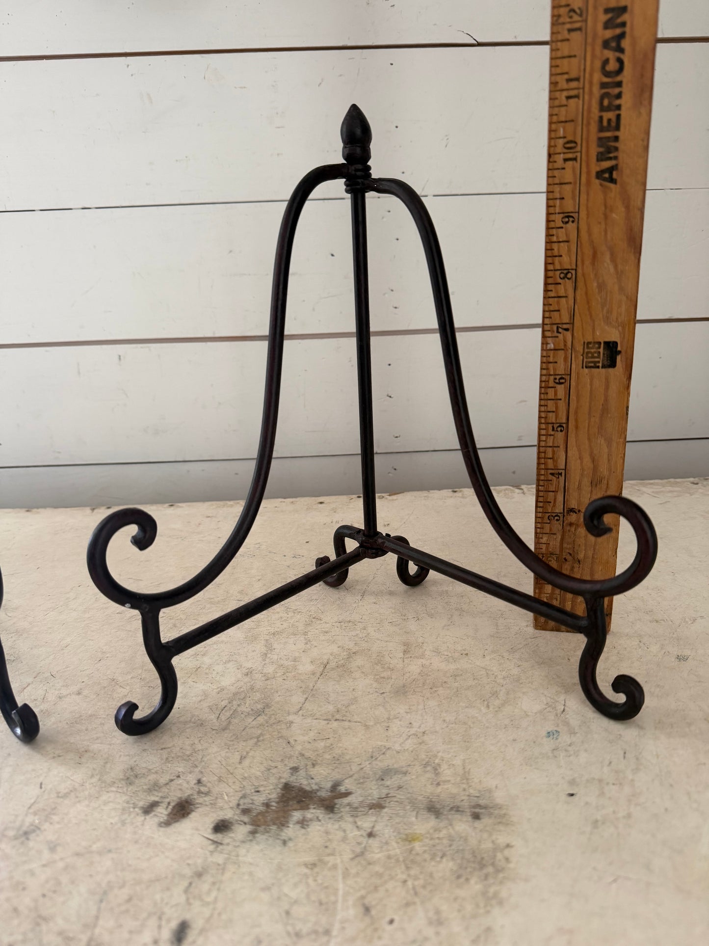 Black metal scrollwork tabletop display easels, folding tripod -SOLD INDIVIDUALLY