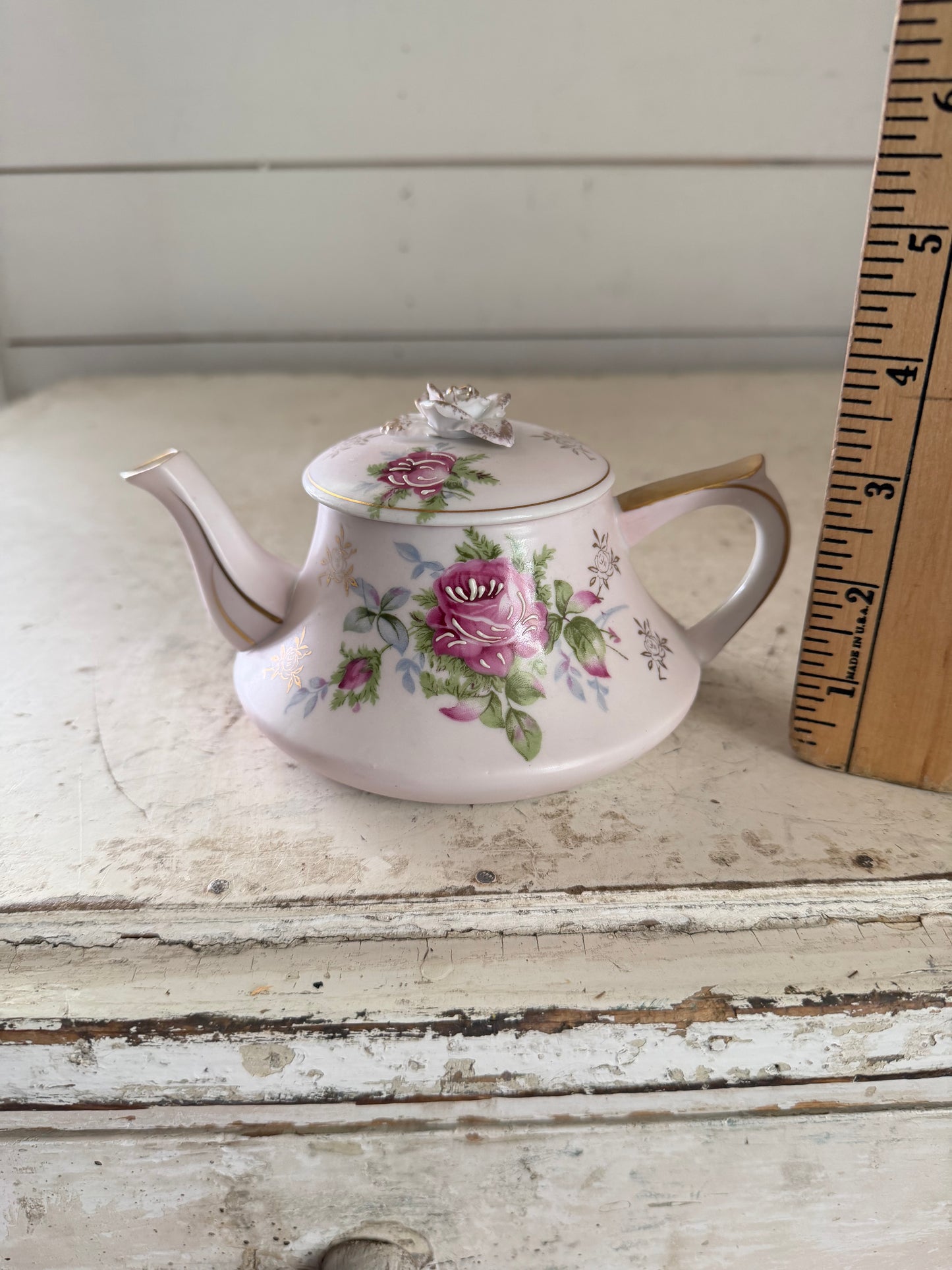 Vintage Lefton China Teapot With Band painted Cabbage Roses