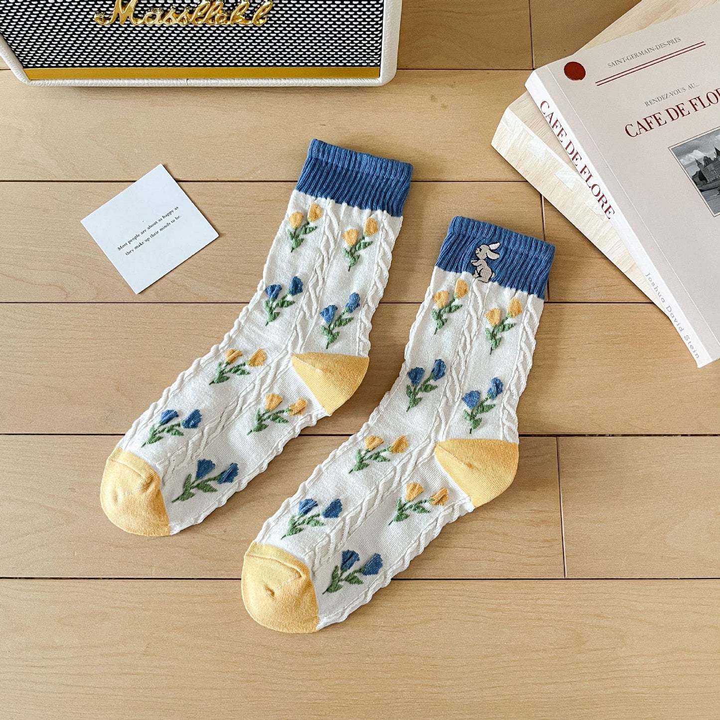 Chic Blue - Hued Floral & Bunny Crew Socks