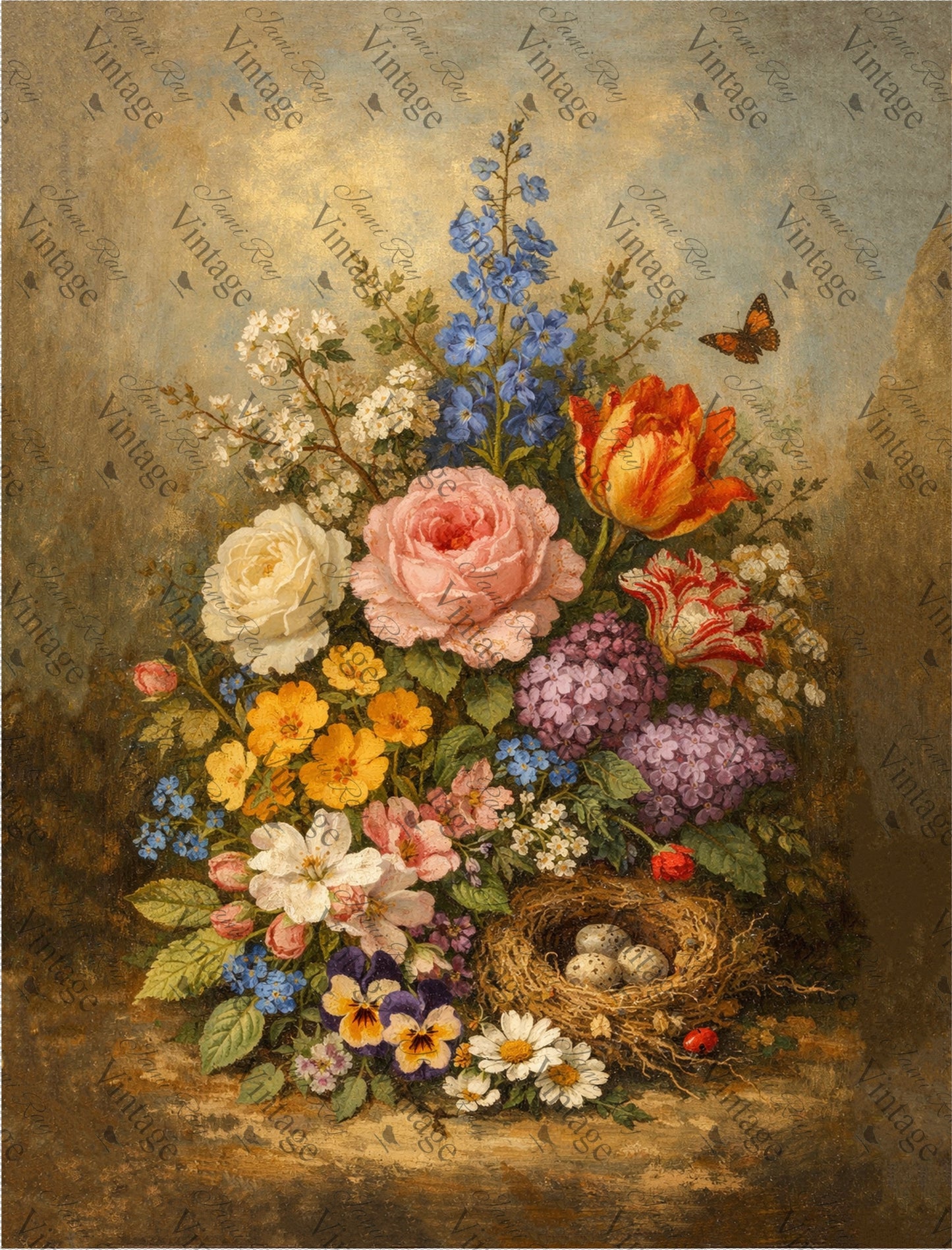 Butterfly & Nest with Moody Floral Arrangement | JRV Large Rice Paper 31-1/2x23-5/8”