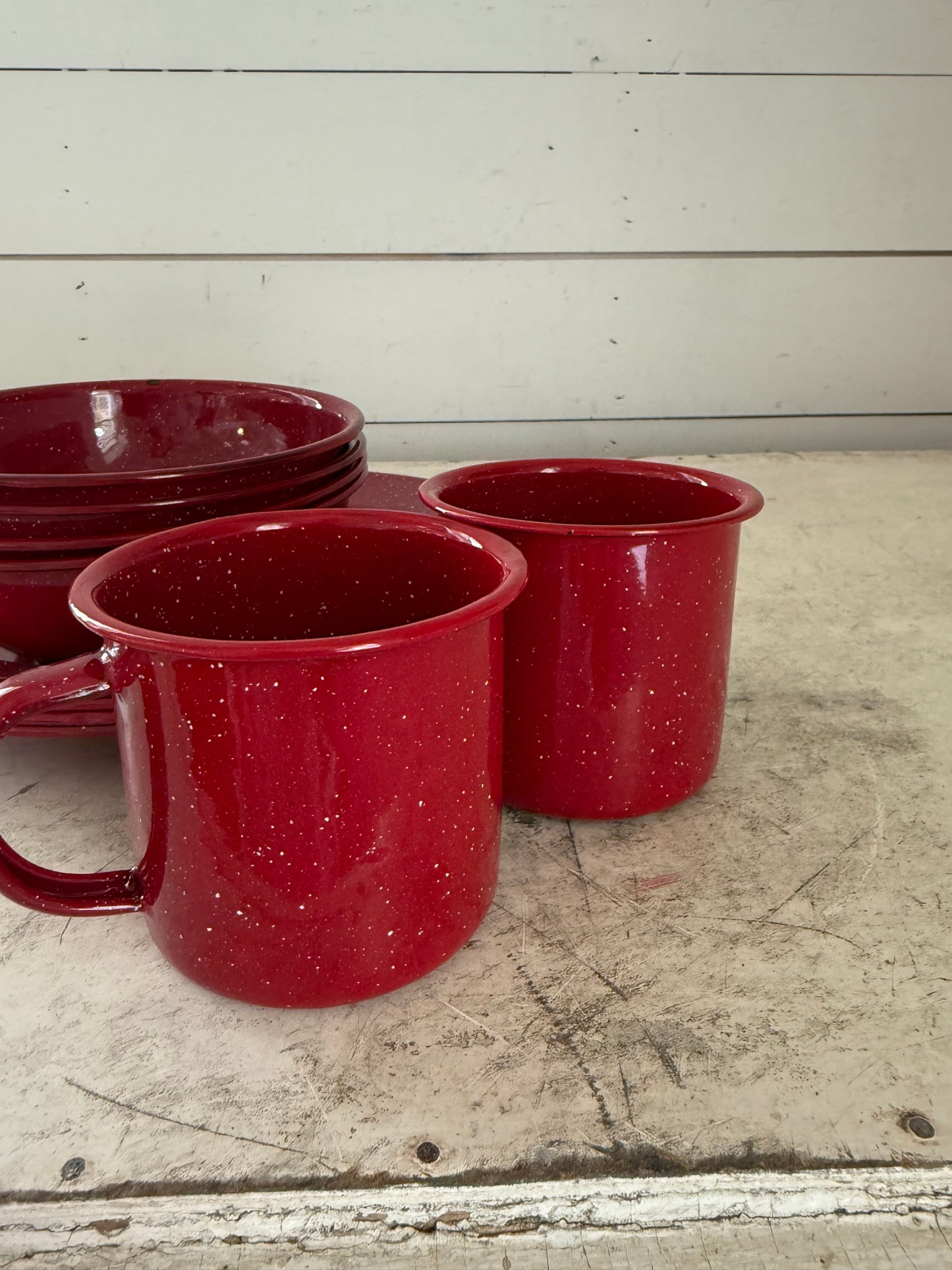 Vintage red and white enamelware sold individually