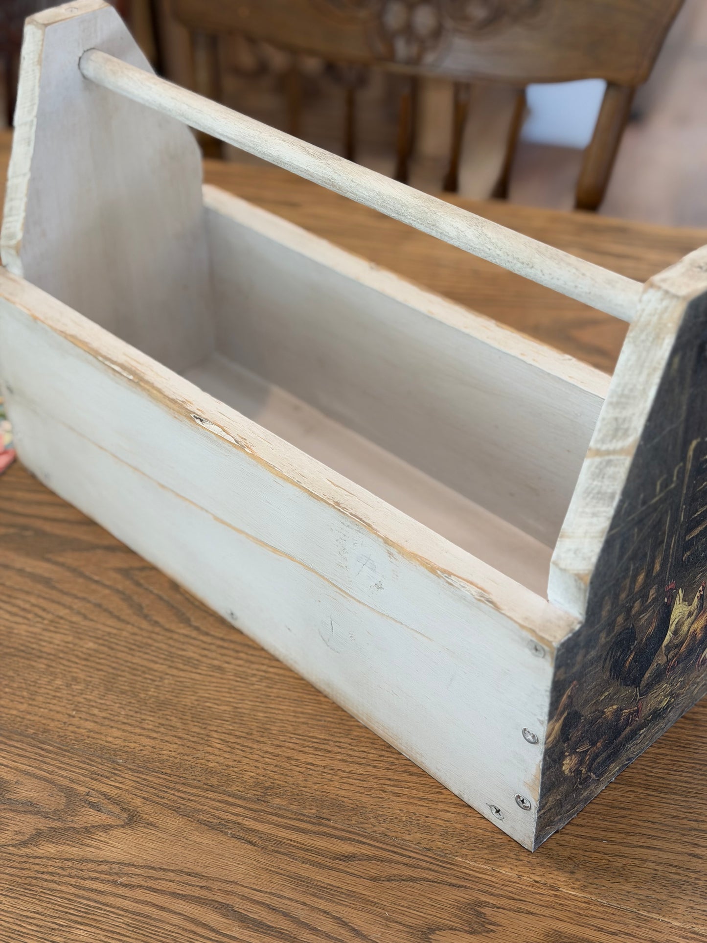 Hand Painted Sheeo and Chicken Handmade Wood Tote 16.5” long