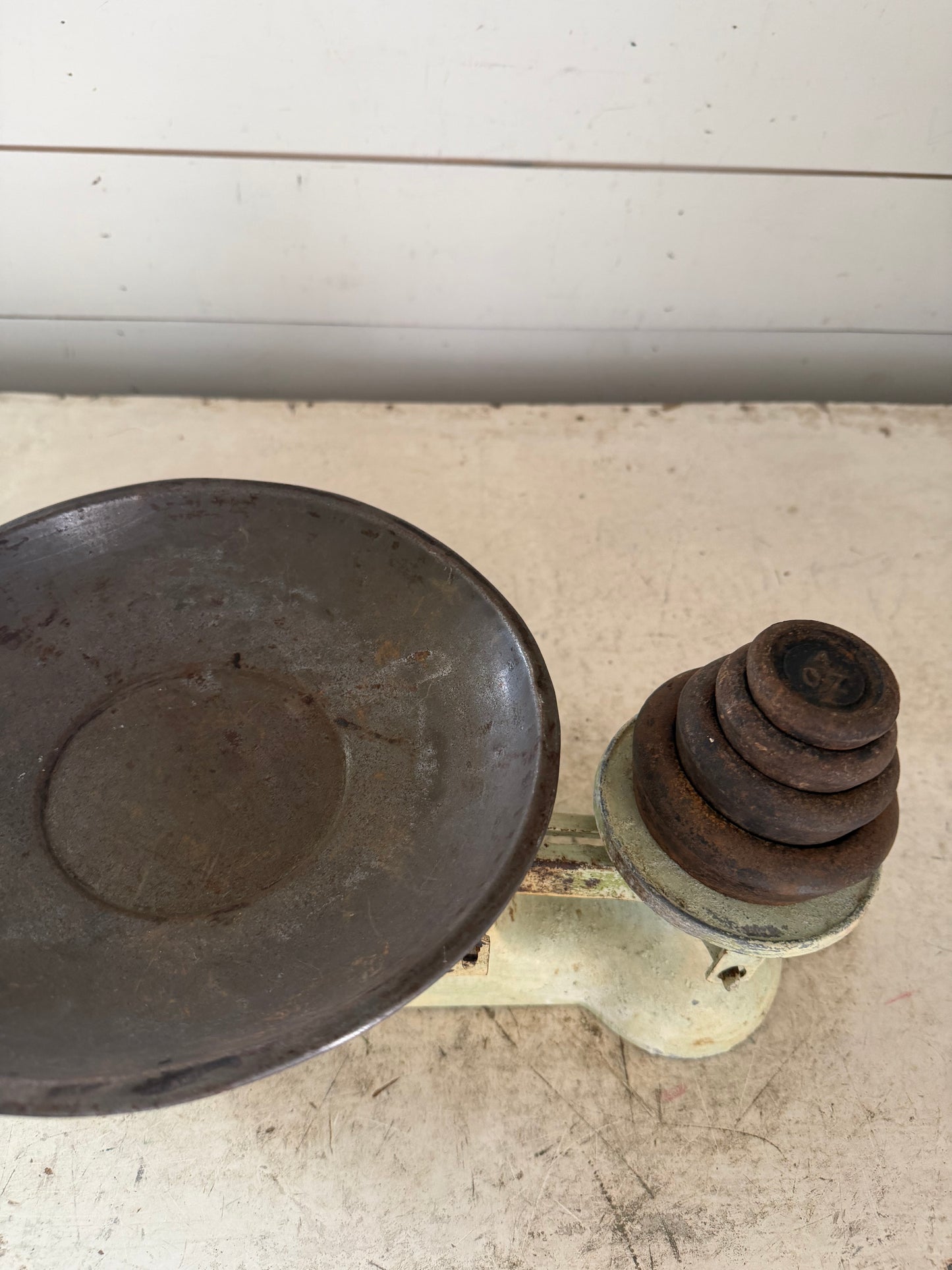 Cream Vintage Scale with weights and metal bowl