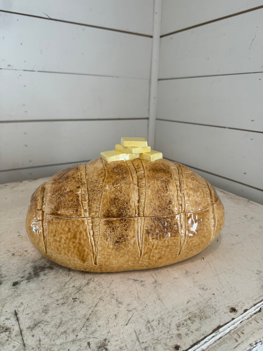 Vintage Ceramic Bread Loaf Serving Dish w/ Sliced Butter Handle Canister