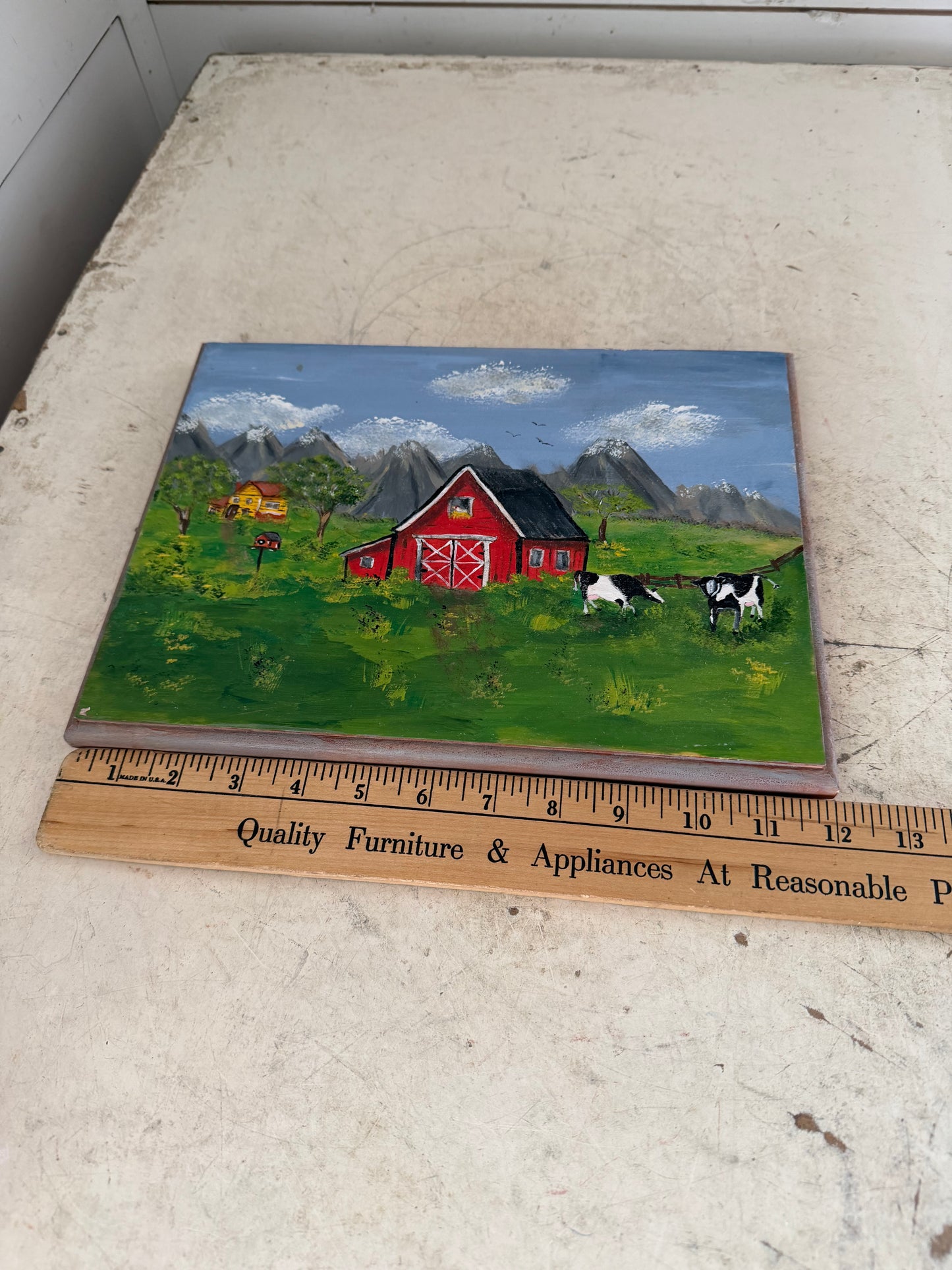 12” Original Folk Art Red Barn Scene on Routered Wood