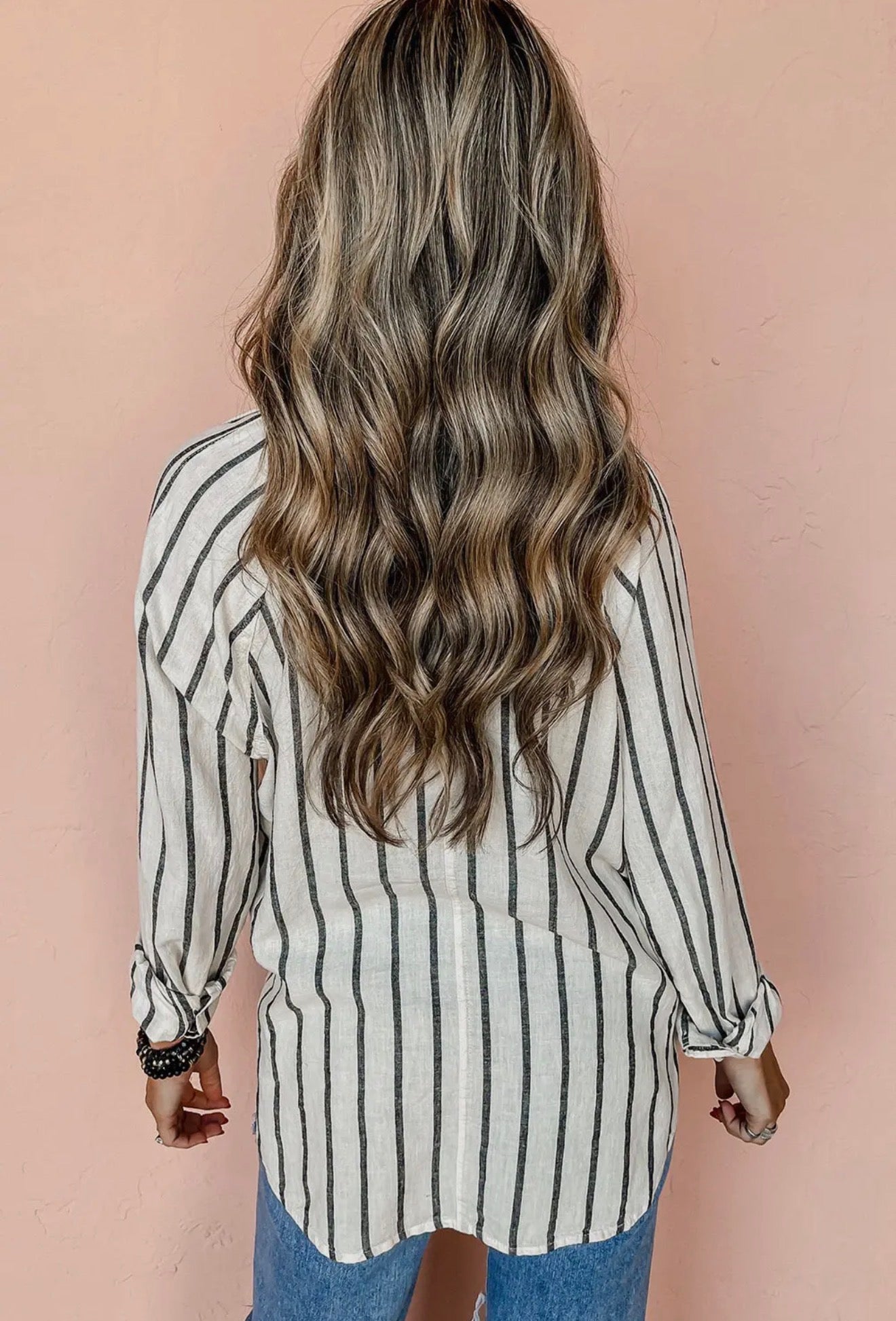 Gray and white stripe button up shirt