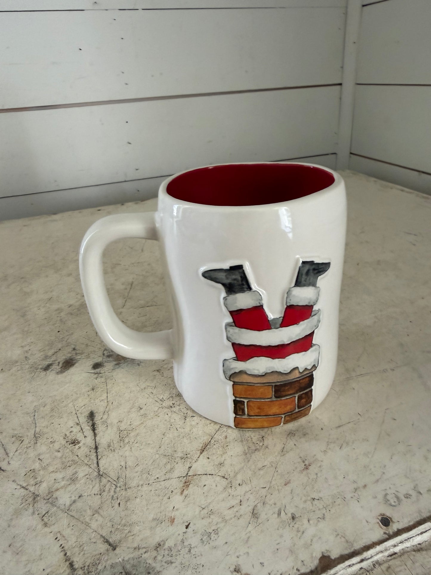 Rae Dunn Santa chimney mug features a bright red interior and a festive "HO HO HO"