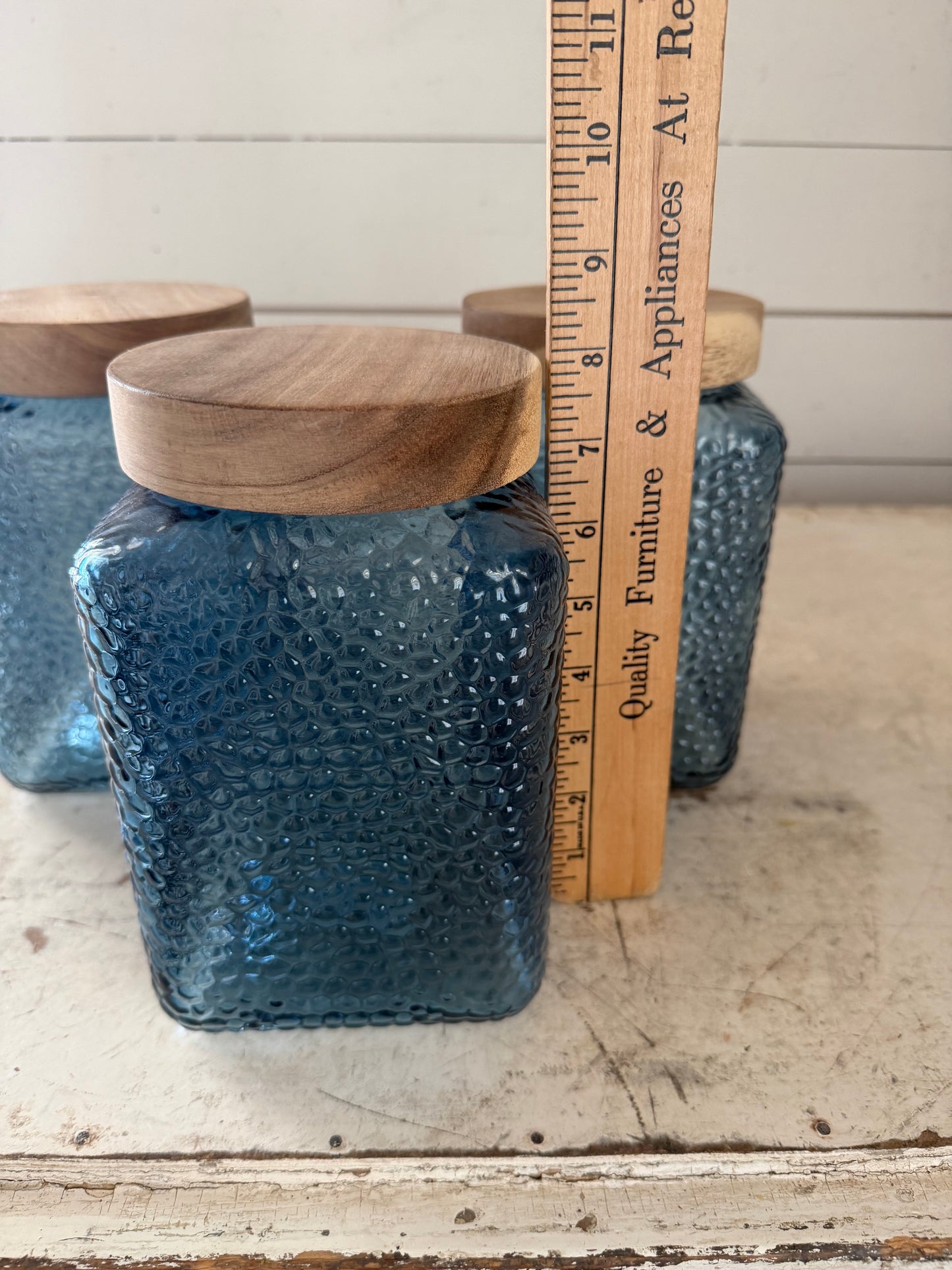 Blue canister with wooden lid sold individually