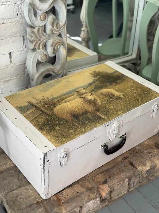 Shabby Sheep Vintage Metal Traveling Trunk Hand Painted