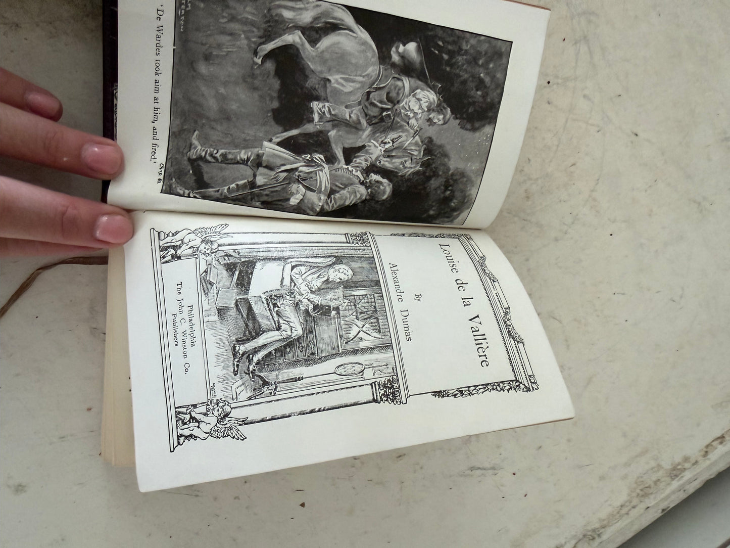Set of Antique Red 3 books Louise de la Vallière" by Alexandre Dumas and "The Heroes" by Charles Kingsley and the poetical works