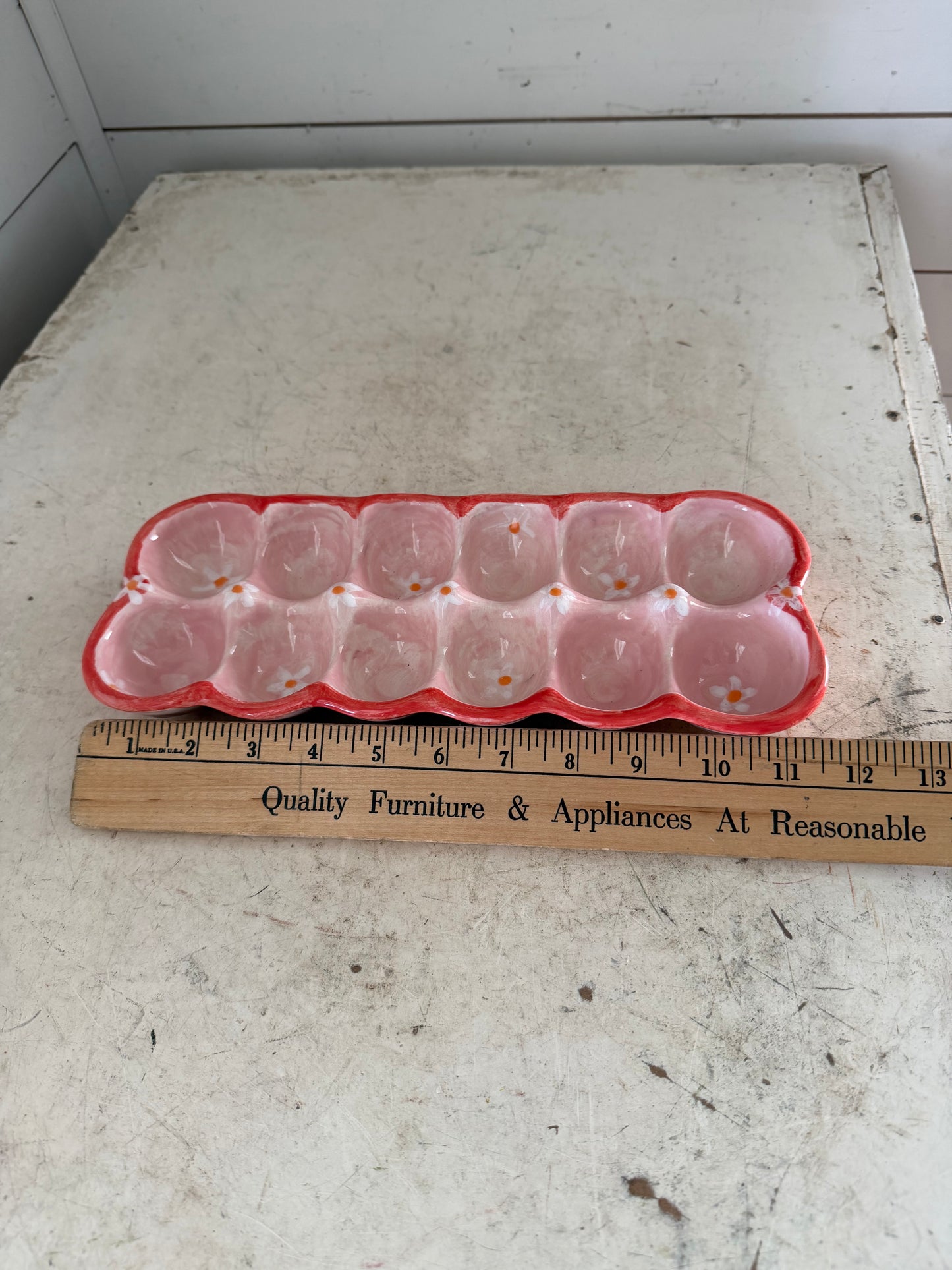 Ceramic Egg Tray with Pink and Floral Glaze