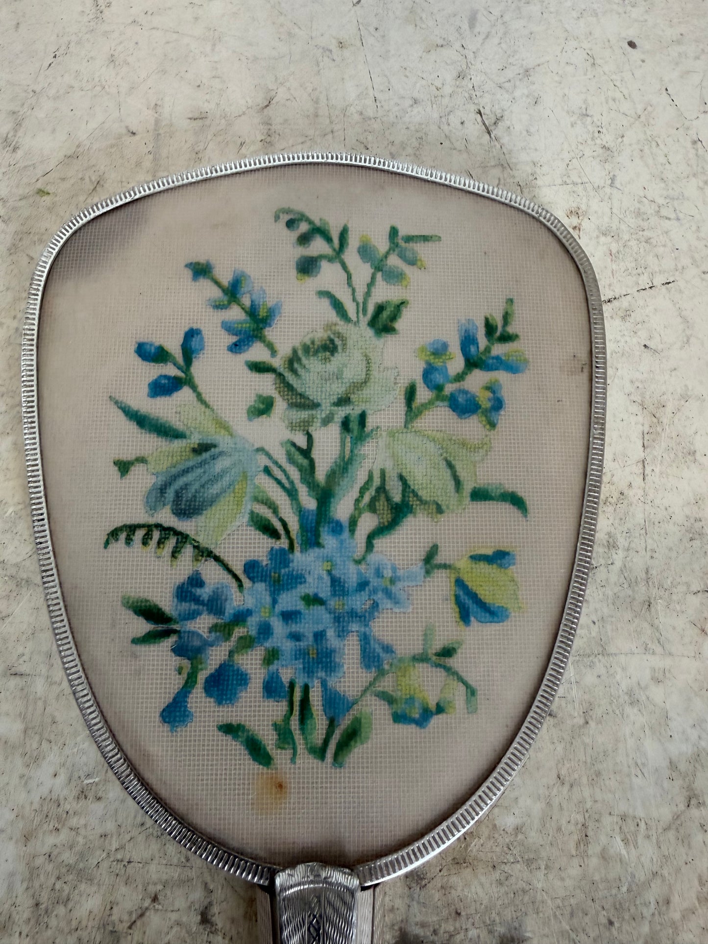 Vintage handheld vanity mirror, silver plated