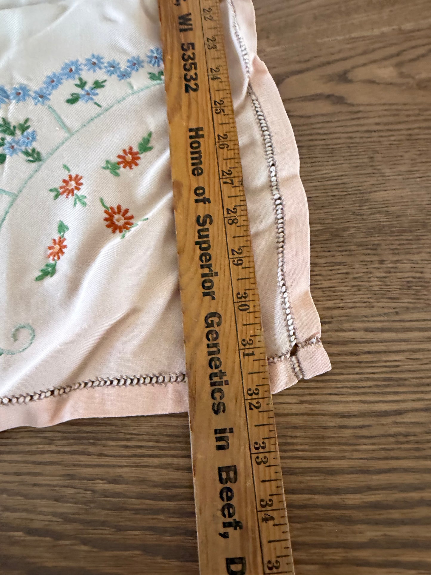 Peach vintage hand-embroidered cotton table topper