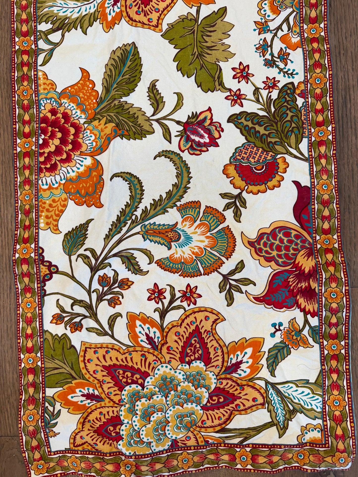 Vibrant table runner with red and orange flowers 6 feet long