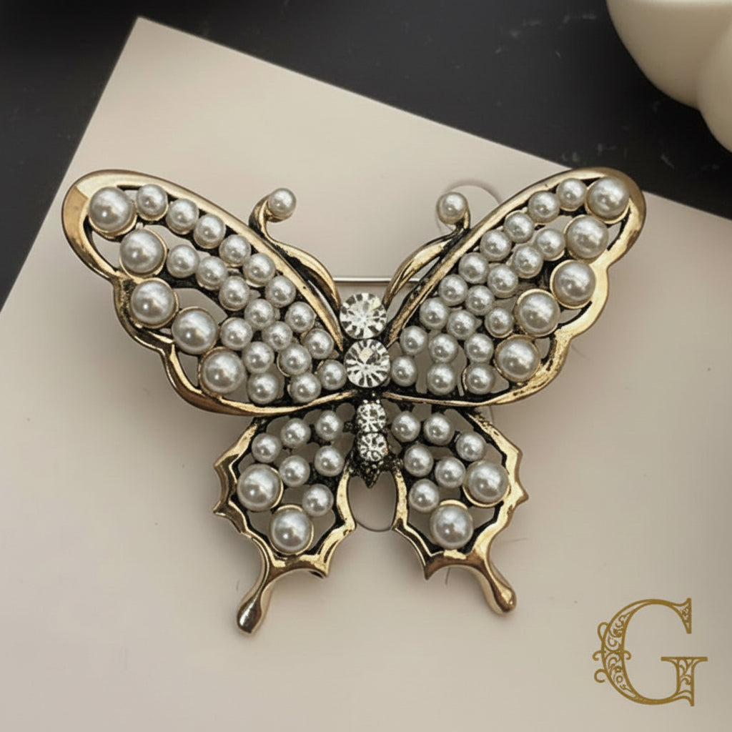 Vintage Style butterfly flower diamond pearl brooch - sold individually
