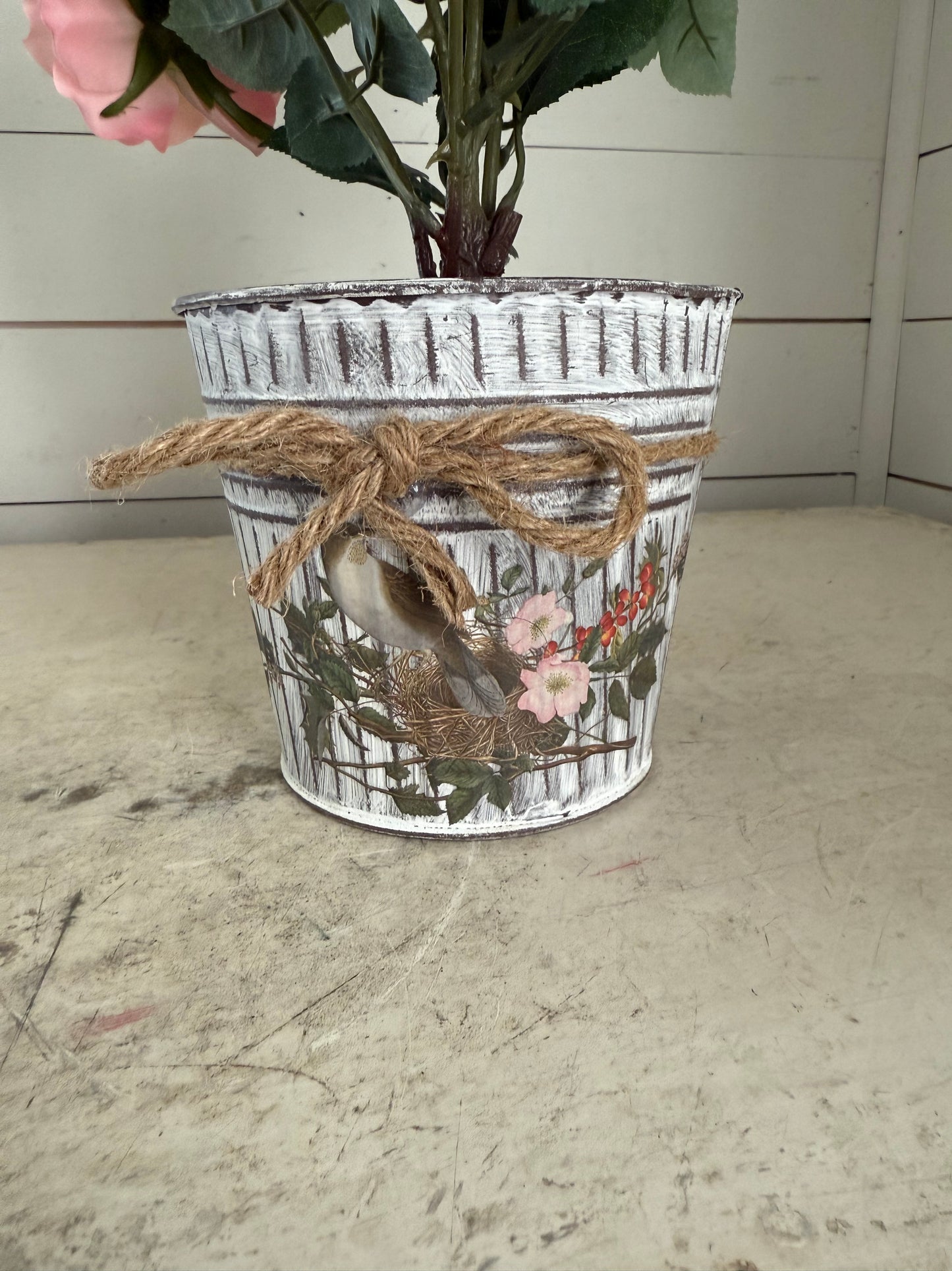 Metal Pot with bow with pink flower arrangement included - B