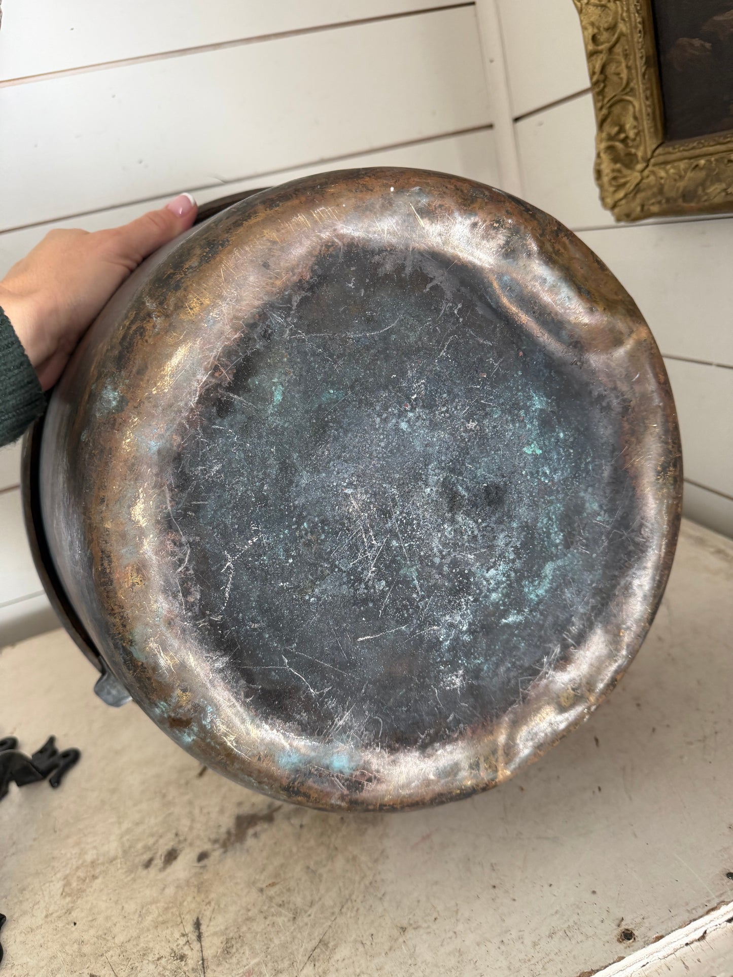 Antique French 1800’s Copper Cauldron With forged Iron Handle has repairs as shown