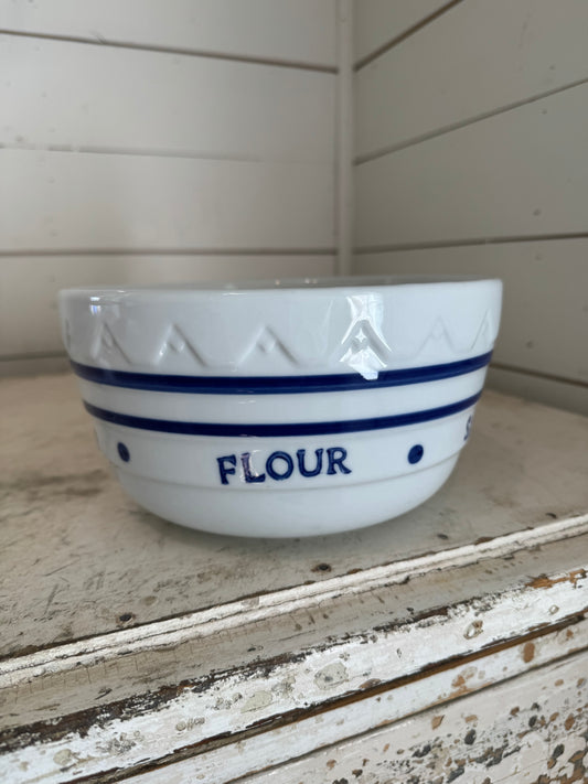 Vintage White Ceramic Mixing Bowl With Embossed Baking Terms "Flour, Sugar, Butter, Eggs and Salt