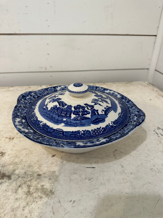 Blue Willow Pattern Vegetable Dish/ Bowl with Lid - lid was broken we glued it together