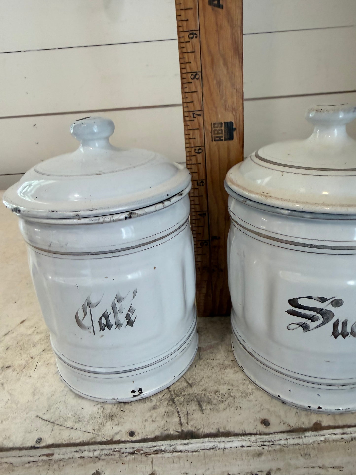 Antique French white enamelware canisters set of 3