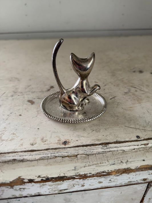 Vintage Silver Cat Ring Holder Trinket Tray Mid Century Modern Feline Vanity