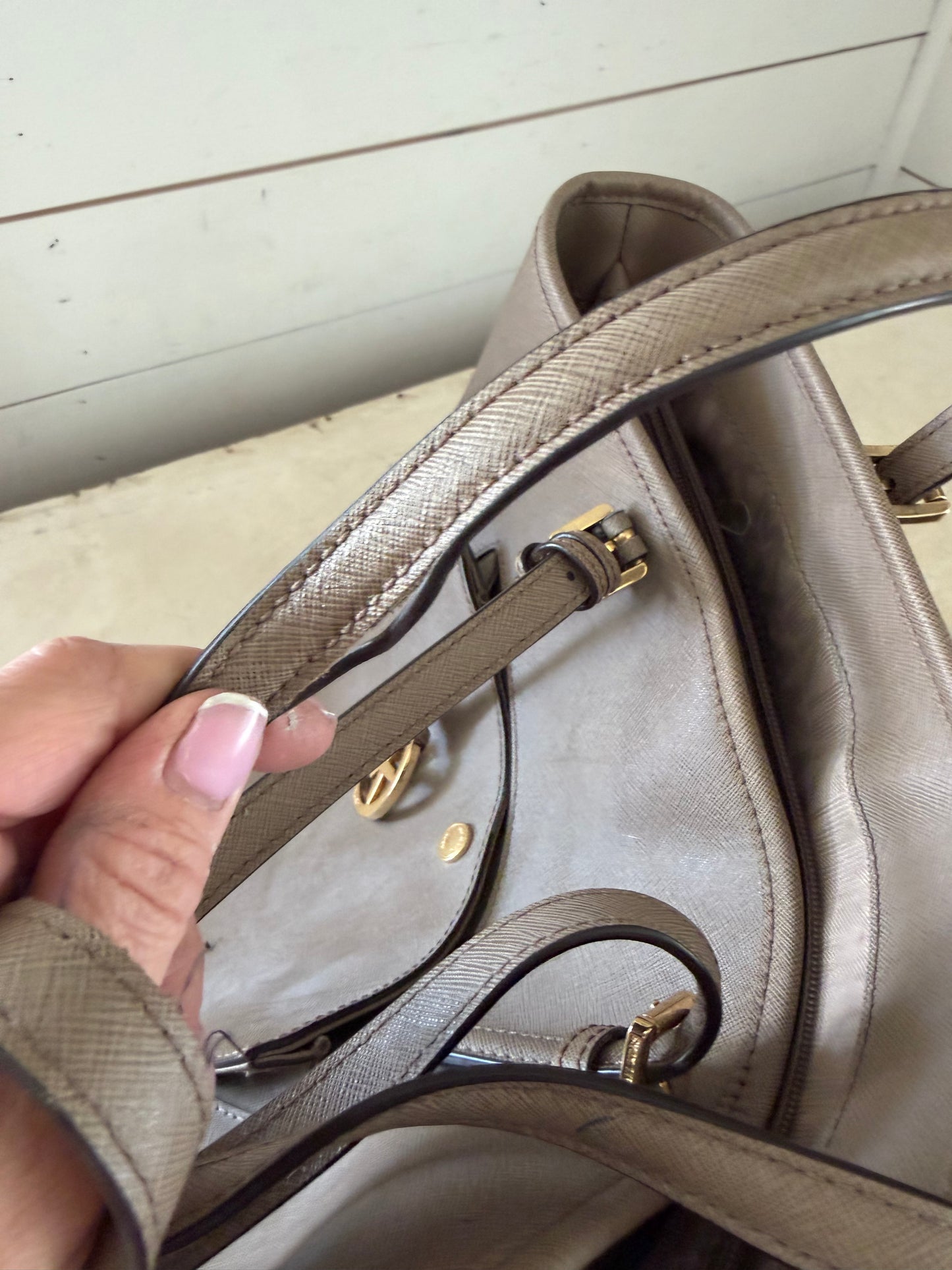 Michael Kors Jet Set Dark Dune Medium Snap Pocket Tote Leather as is