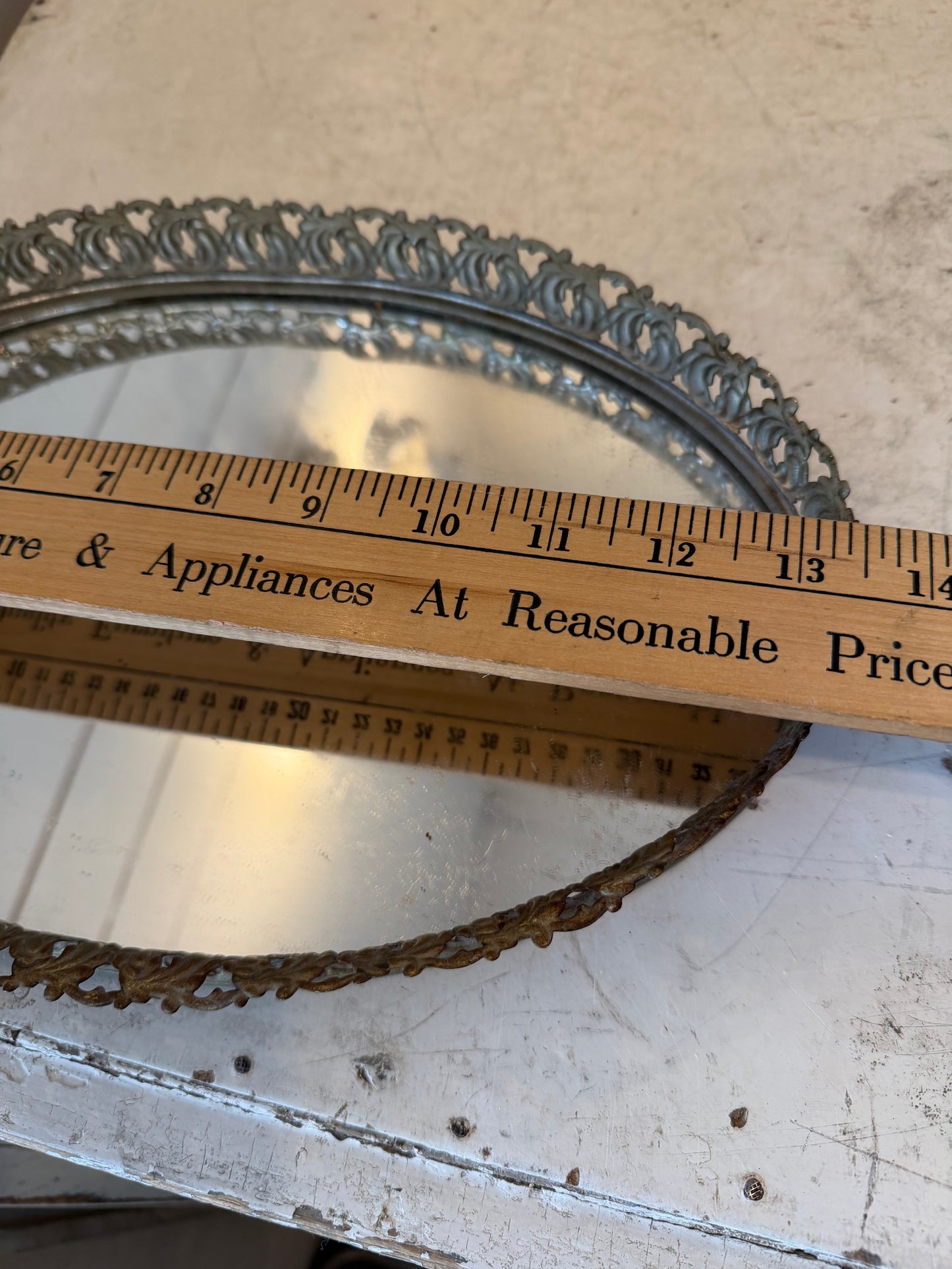 Vintage oval Silver Plate filigree mirrored vanity tray