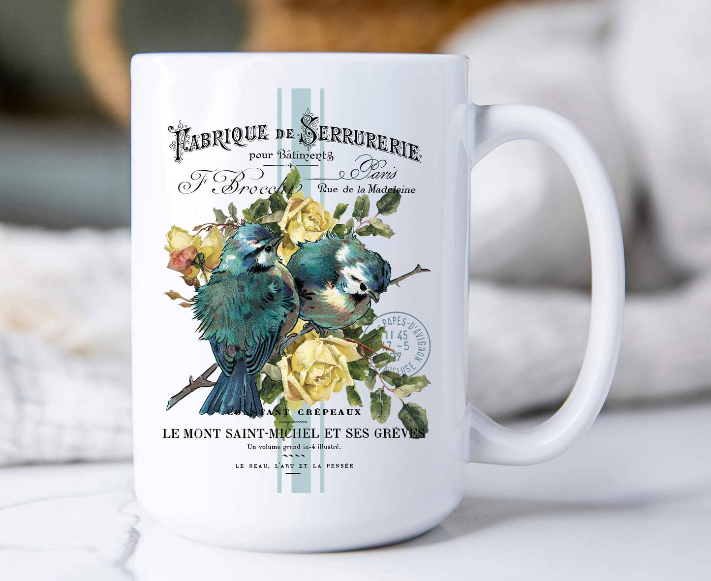 Vintage French Birds Roses Coffee Mug