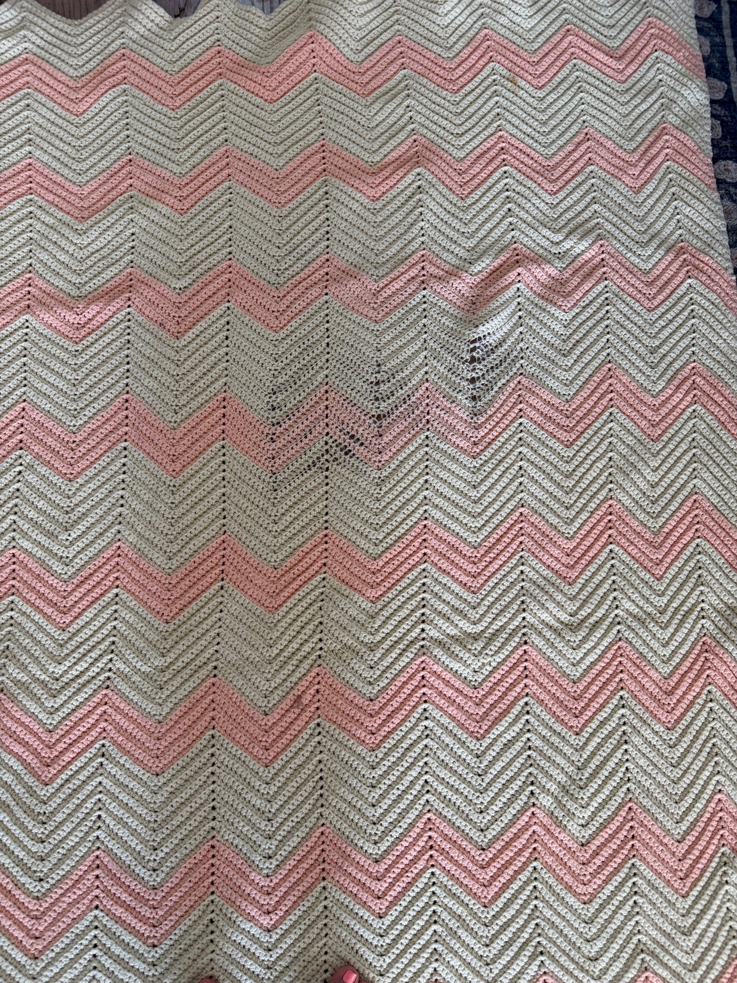 Pink peach and White Afghan with tassles as is