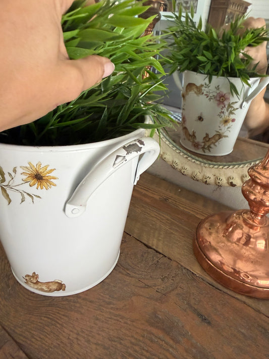 White Enamel Bunny Bucket with handles greenery not included 6.5”
