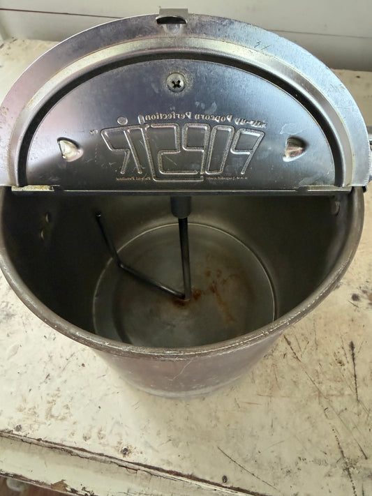 vintage Wabash Valley Farms aluminum stovetop popcorn popper with a hand crank