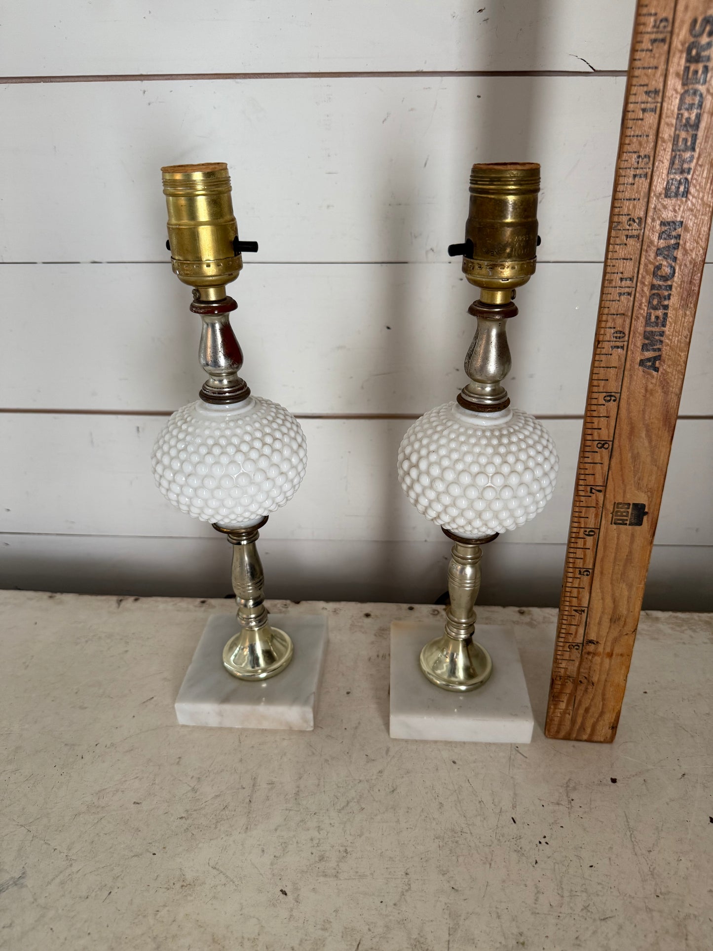 Set of Vintage hobnail, milk glass end table, bed lamp with italian marble base