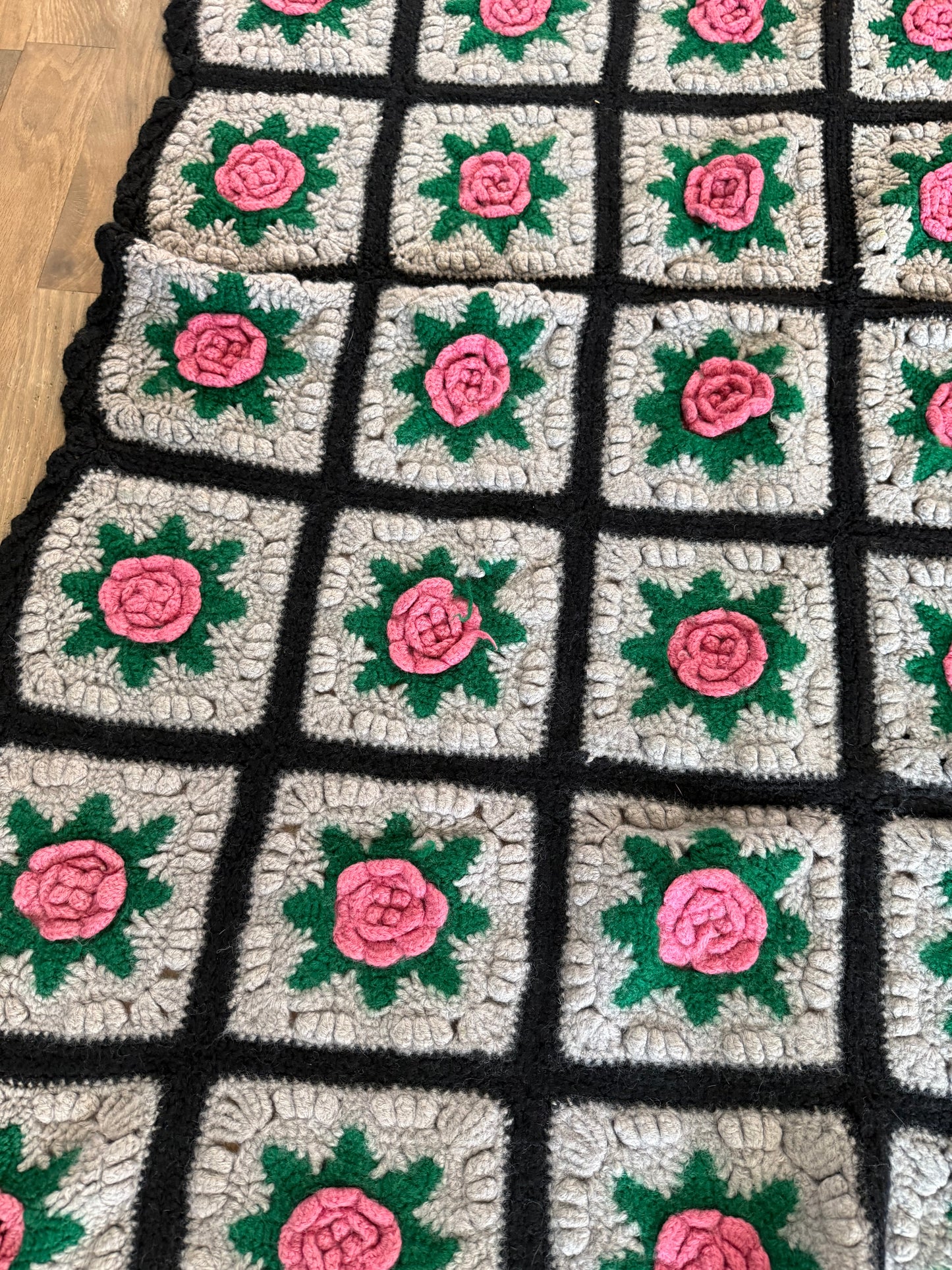 Vintage rose afghan blanket - lap size as is