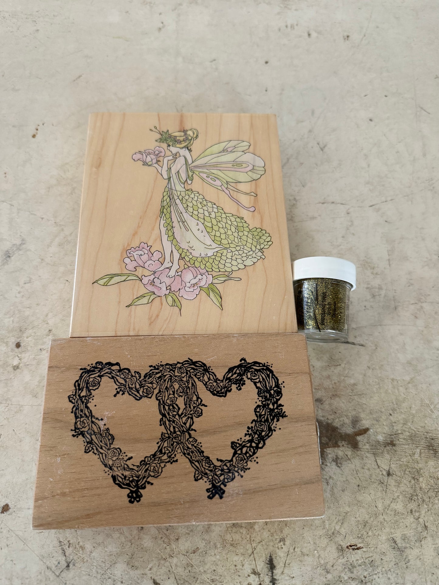 Stamps Happen Fairy stamp & heart stamp and gold embossing powder
