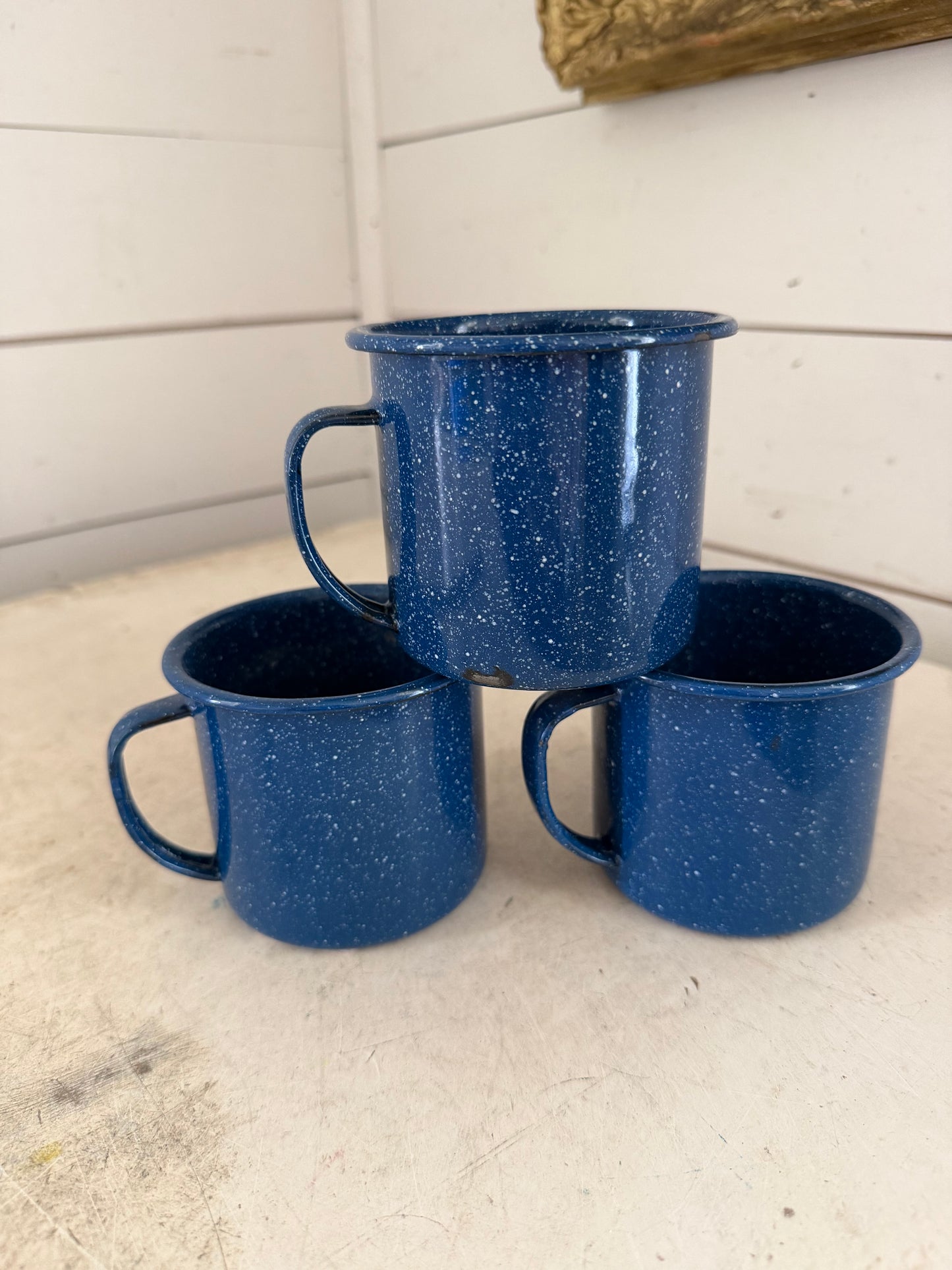 Blue speckled enamel mug