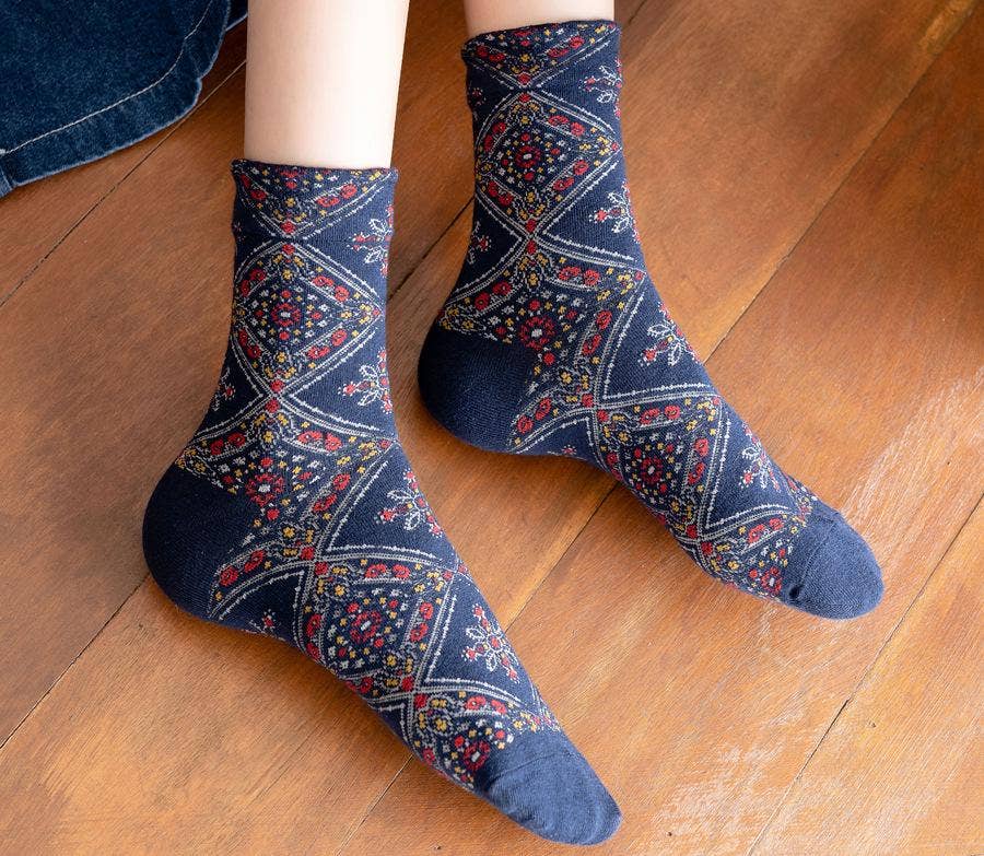 Retro diamond floral women's mid-calf socks - each pair sold individually