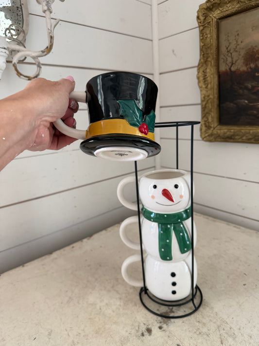 Holiday Time Snowman Stacking Mugs With Wire Rack