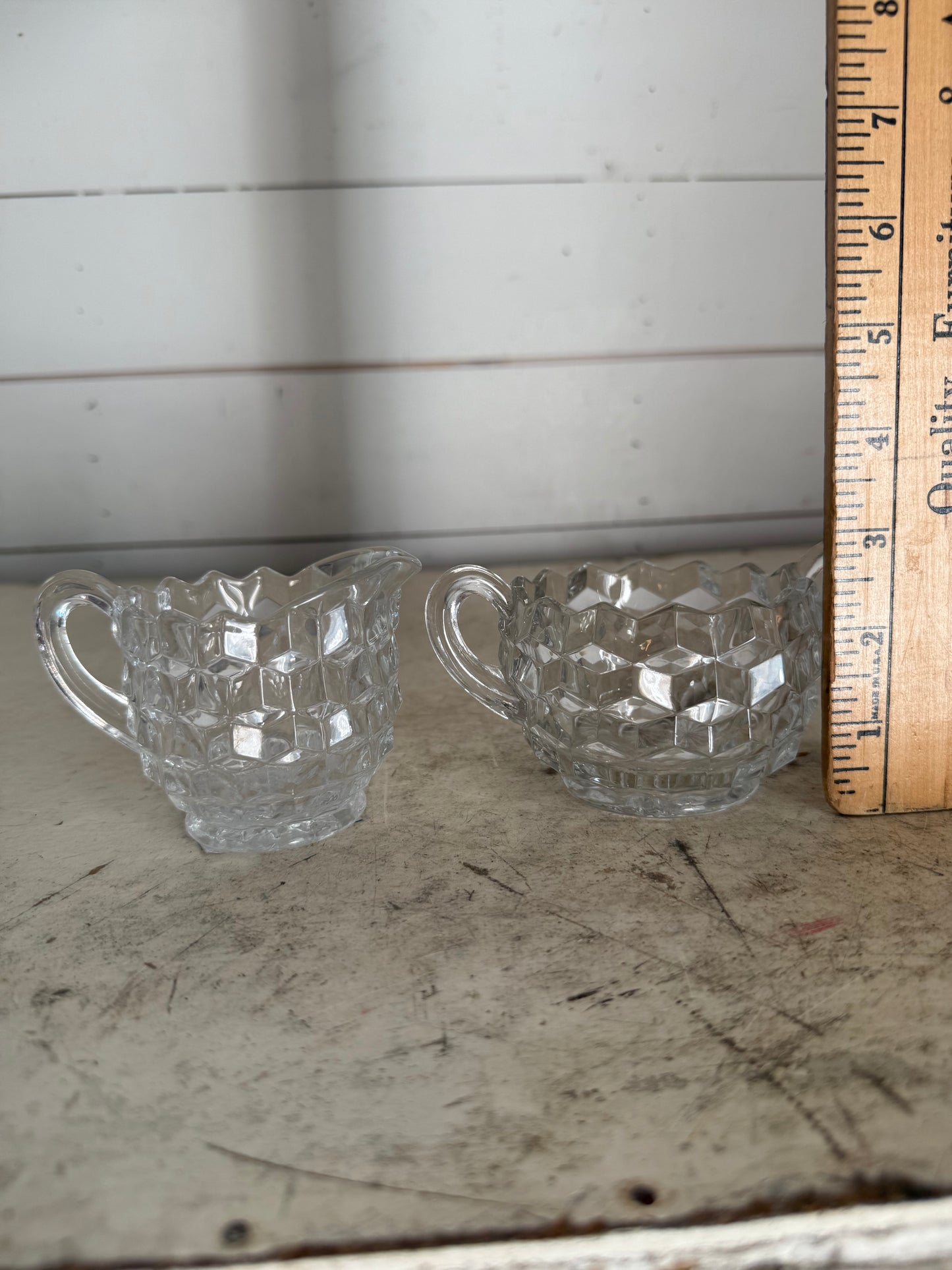 Vintage Fostoria clear glass sugar dish and creamer